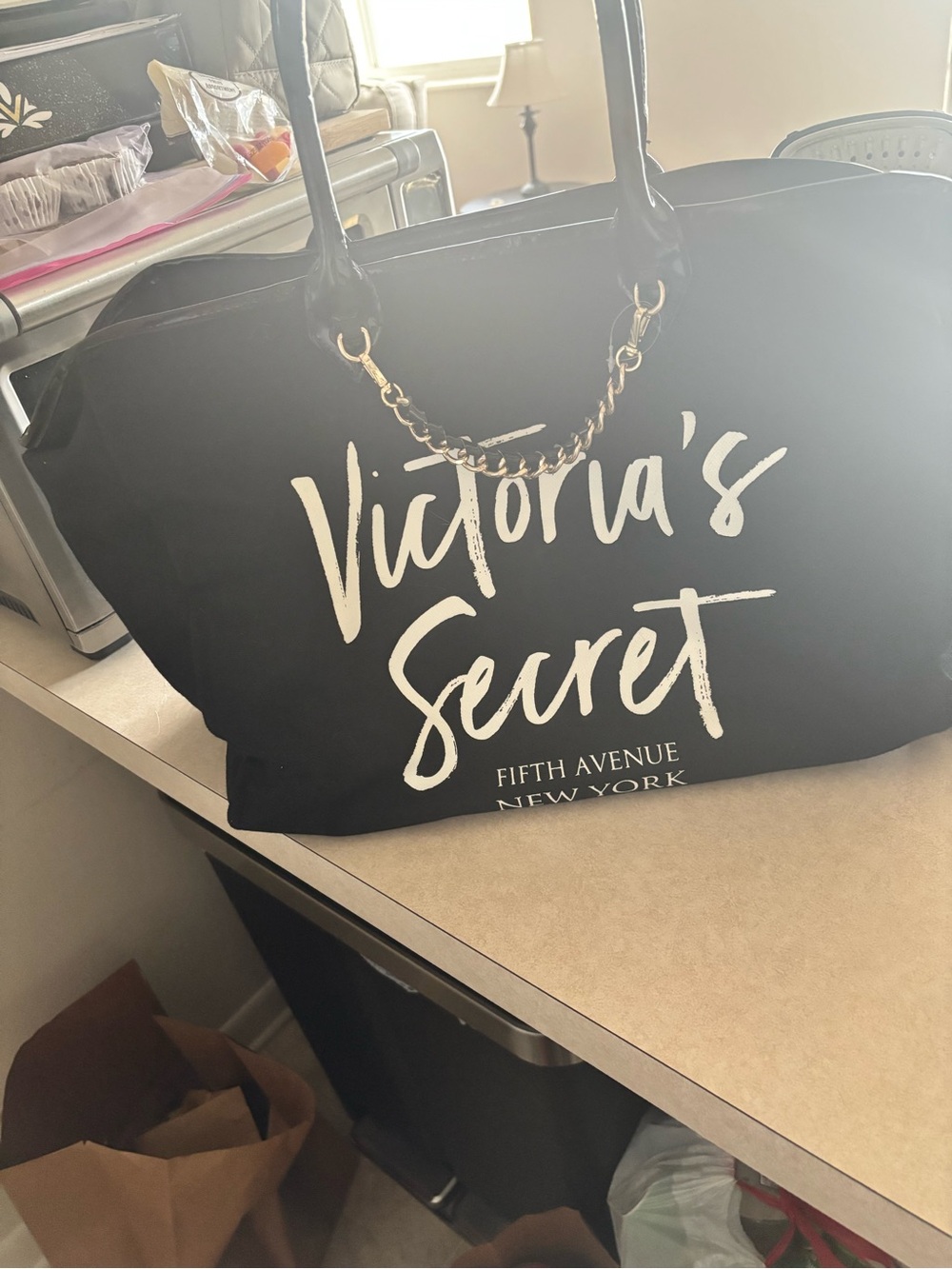 Victoria's Secret Black Tote with White Logo and Chain Detail